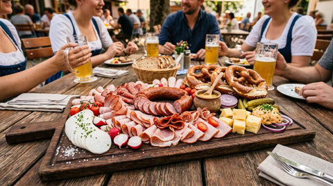 Große bayerische Brotzeitplatte mit Wurst, Käse, Brezen und Radi auf einem Biergartentisch für sechs Personen