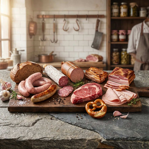 Auswahl an Wurst- und Fleischspezialitäten aus der Metzgerei – Würste, Steak, Speck und Aufschnitt auf Holzbrett
