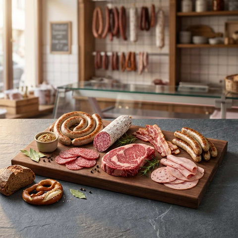 Beliebte Metzgerei-Spezialitäten – Bratwürste, Salami, Steak, Speck und Aufschnitt auf Holzbrett in traditioneller Metzgerei