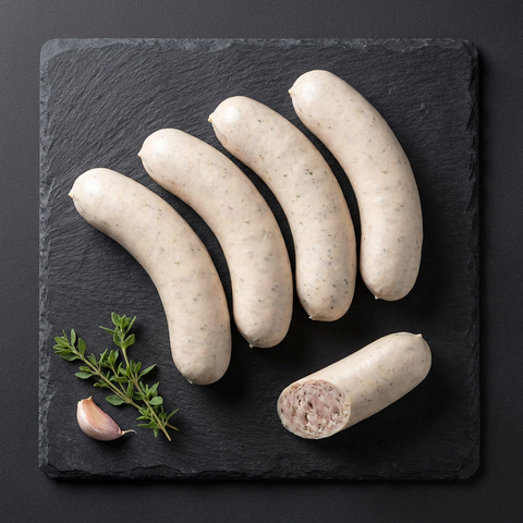 Bayerische Wurstspezialitäten auf Holzbrett – Weißwürste, Leberkäse, Bratwürste und Breze in traditioneller Metzgerei