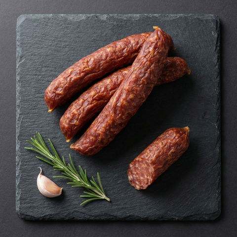 Rohwürste und Snackwürste auf Holzbrett – Salami, Pfefferbeißer und Landjäger zum Direktessen